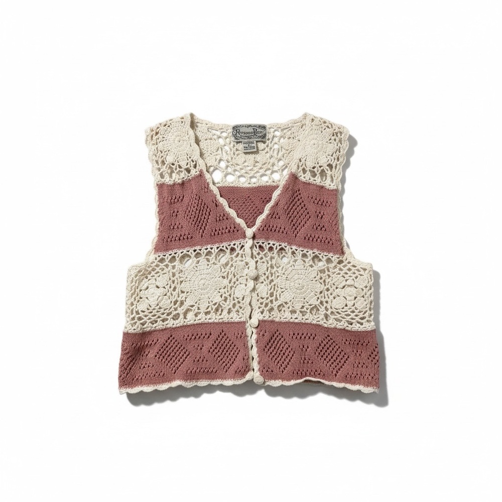 Vintage 90s Reference Point Crochet Vest White Pink Button Front Womens M